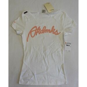 Akdmks Shirt Womens M White Script Logo T Shirt Boat Neck Summer Casual Basic